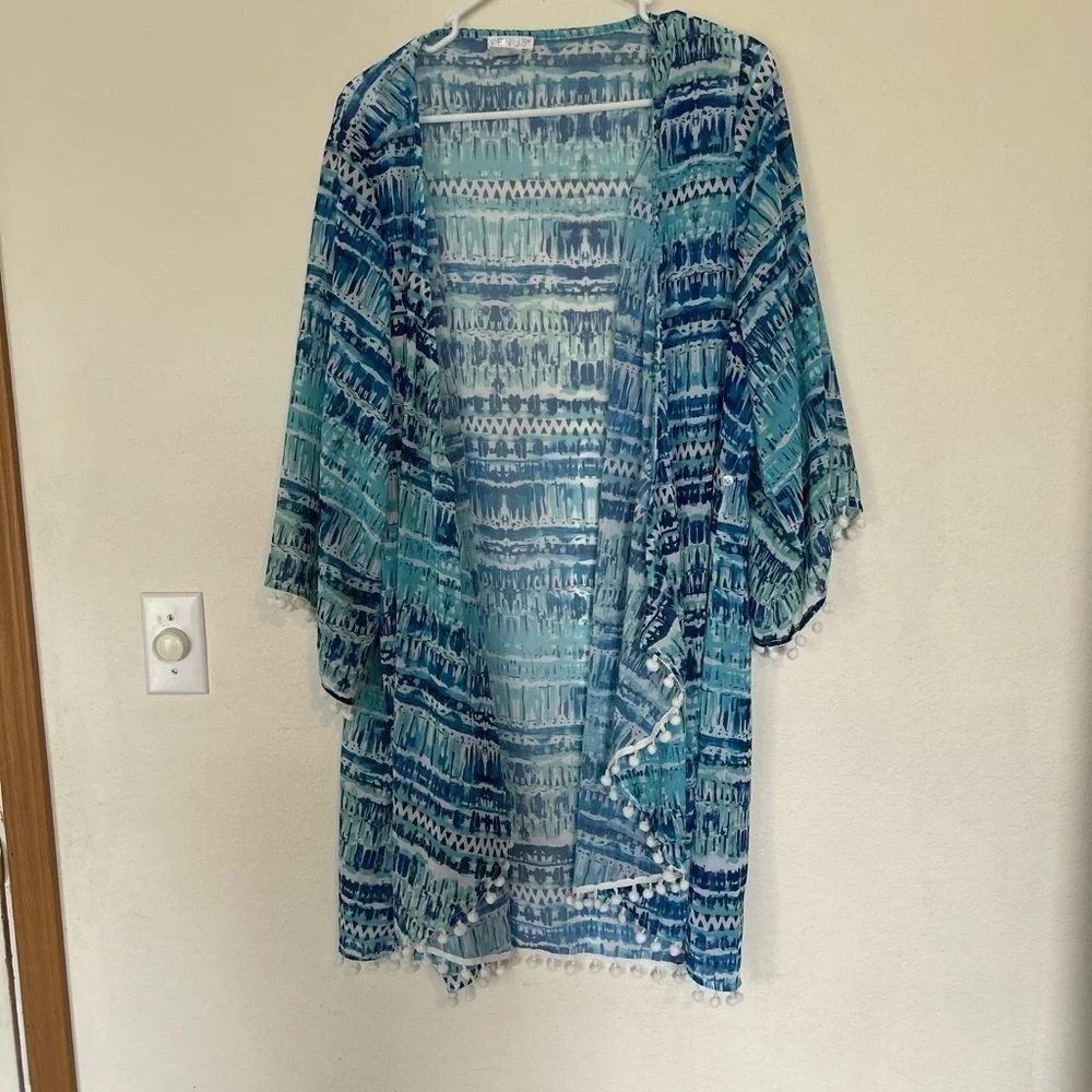 Venus XL Blue and White Coastal wrap/kimono cover-up with pom details